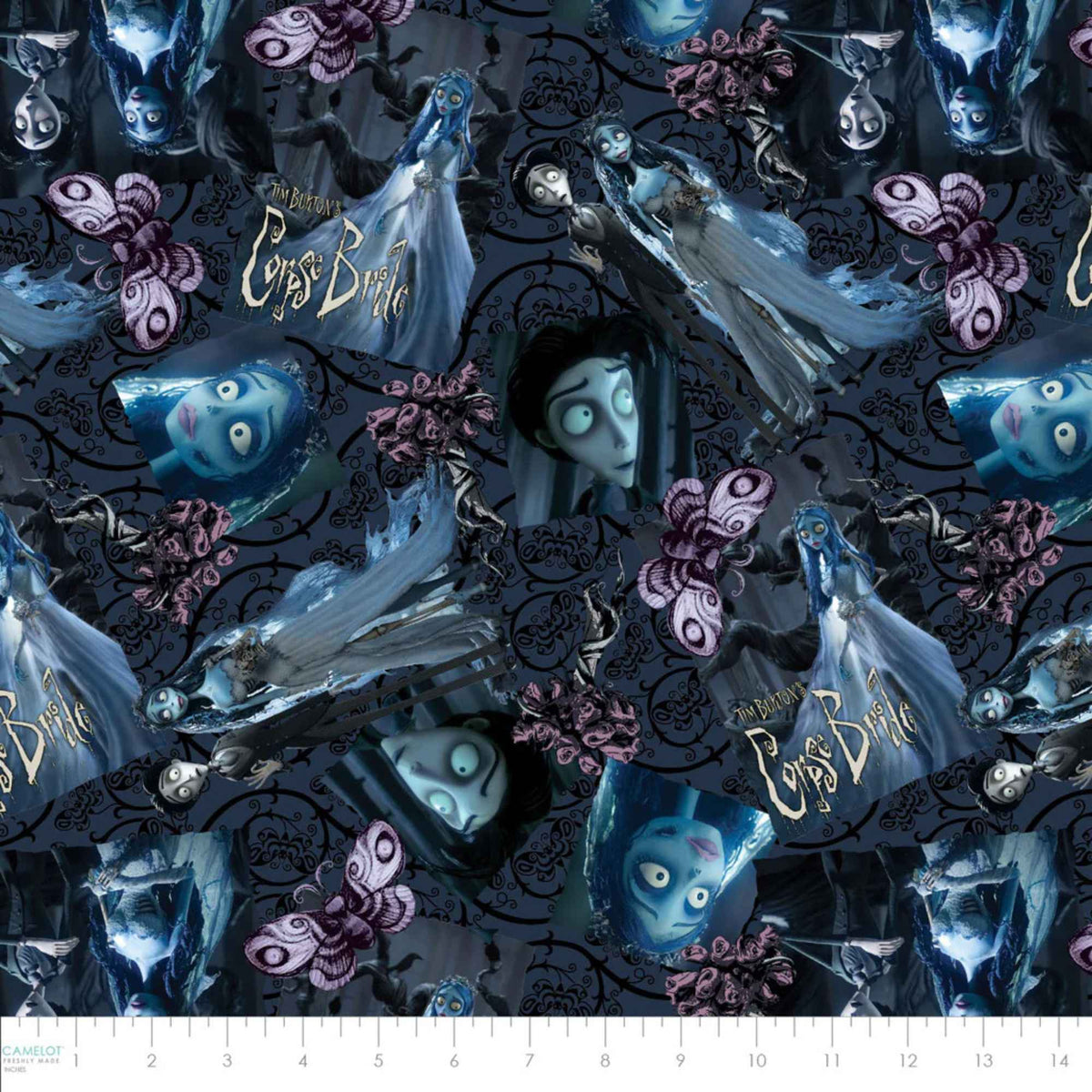 Corpse Bride cotton fabric featuring Emily, Victor, butterflies, roses, and gothic scroll motifs in an allover multi-character print.