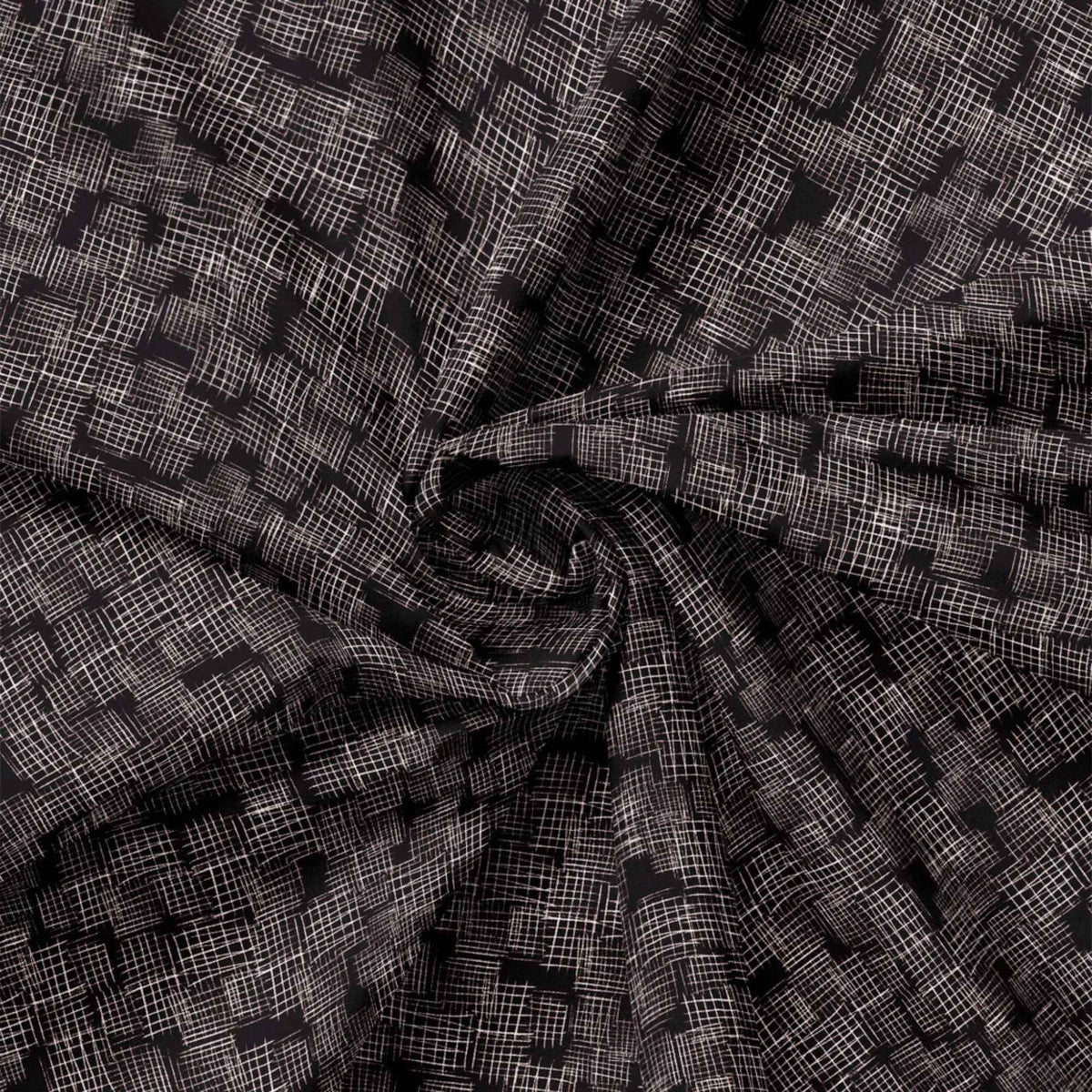 "Etches black cotton fabric with abstract white crosshatch textured design by Camelot Fabrics"