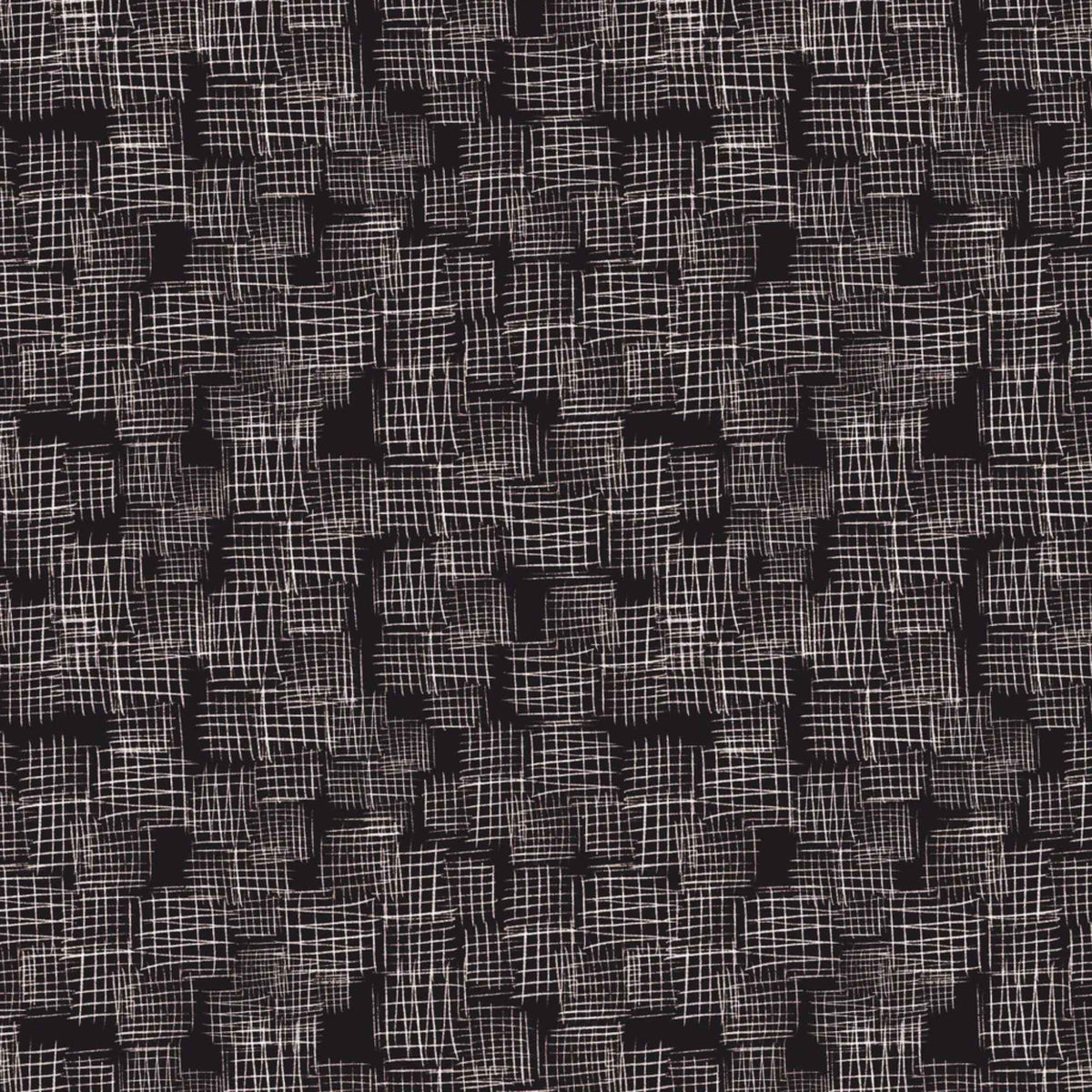 "Etches black cotton fabric with abstract white crosshatch textured design by Camelot Fabrics"