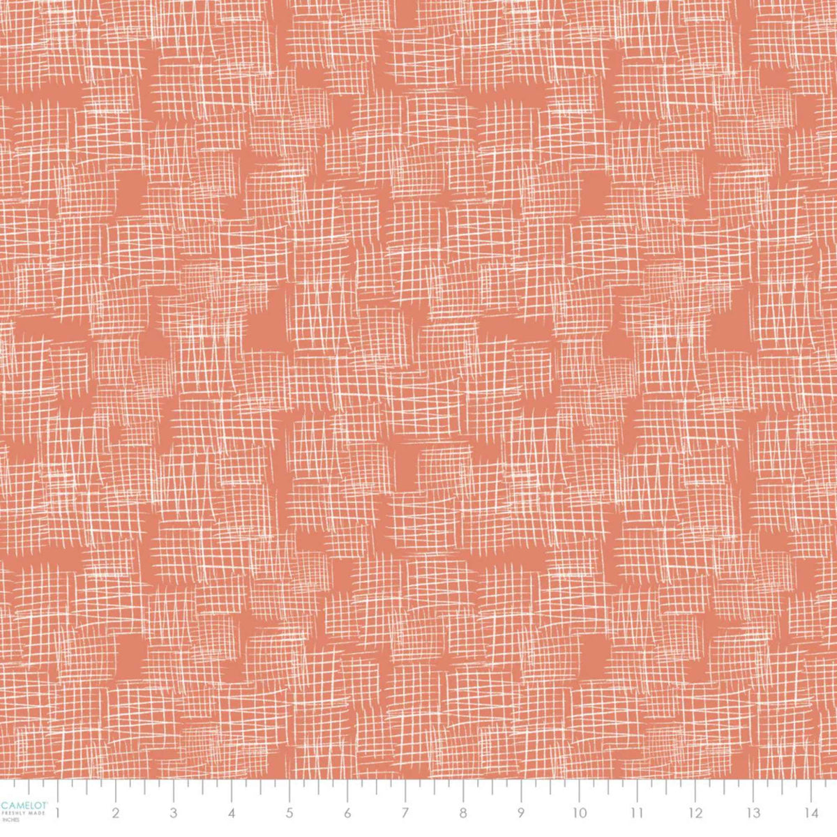 "Etches coral cotton fabric with white abstract crosshatch textured design by Camelot Fabrics"