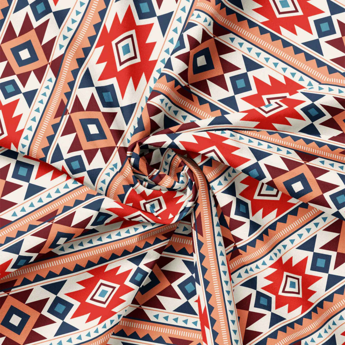 “Multi-colour geometric stripe cotton fabric with tribal-inspired Spirit Peaks design.”
