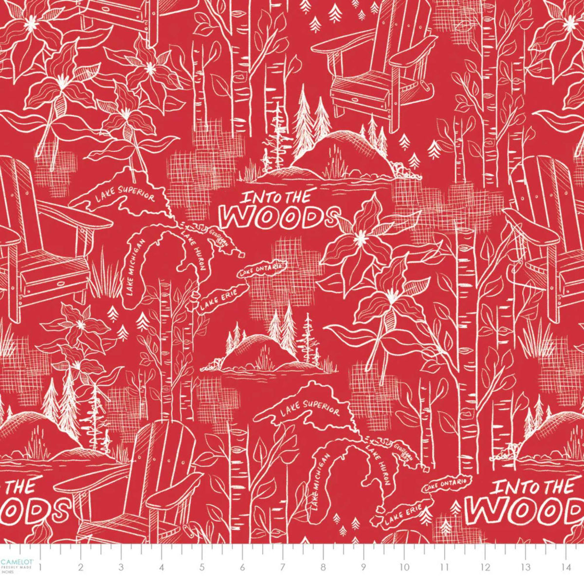 "Into the Woods red cotton fabric with white line-art trees, chairs, florals and Great Lakes map by Camelot Fabrics"