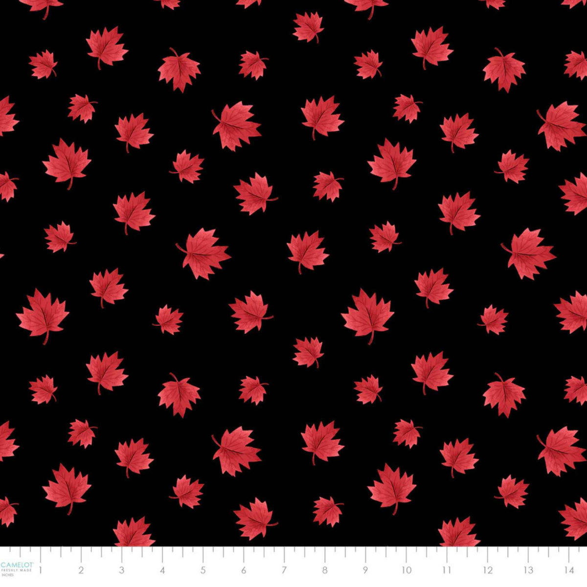 "Black cotton fabric with scattered red maple leaf pattern from Camelot Fabrics"