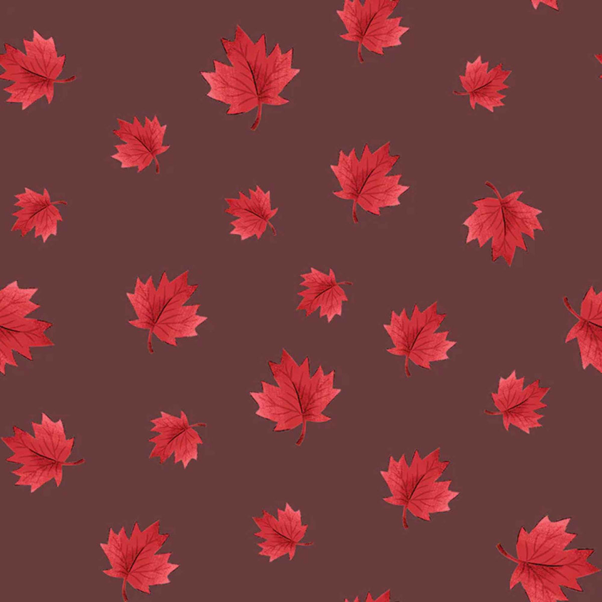 "Dark taupe cotton fabric with scattered red maple leaves by Camelot Fabrics"