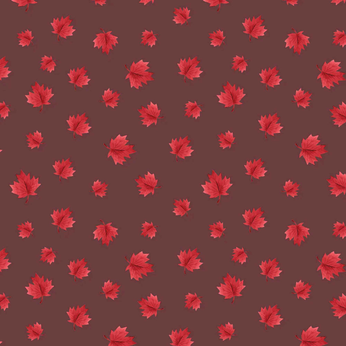 "Dark taupe cotton fabric with scattered red maple leaves by Camelot Fabrics"
