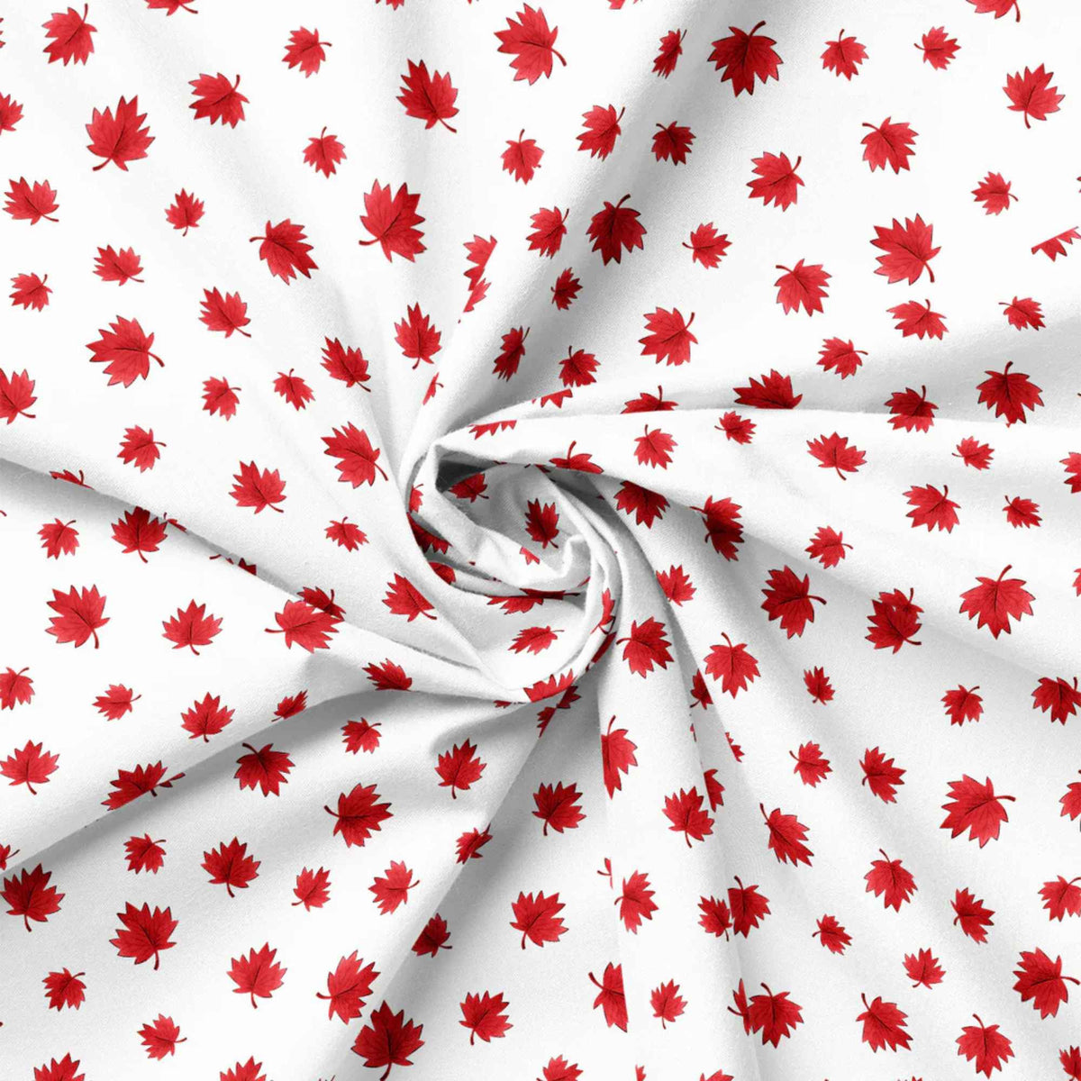 "White cotton fabric with scattered red maple leaves by Camelot Fabrics"