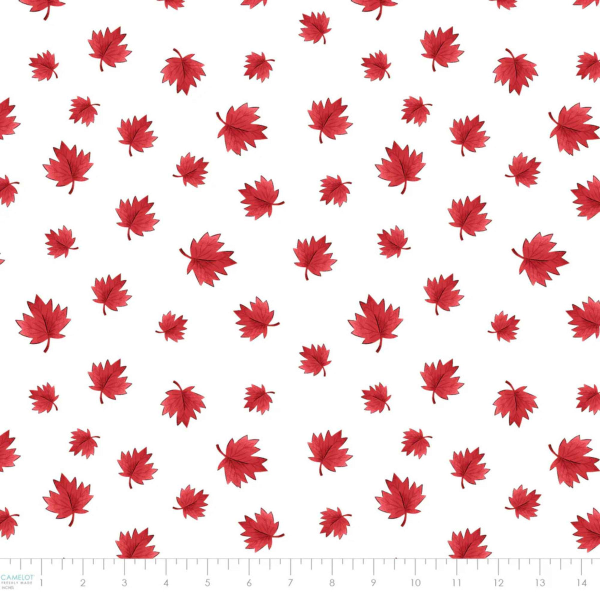 "White cotton fabric with scattered red maple leaves by Camelot Fabrics"