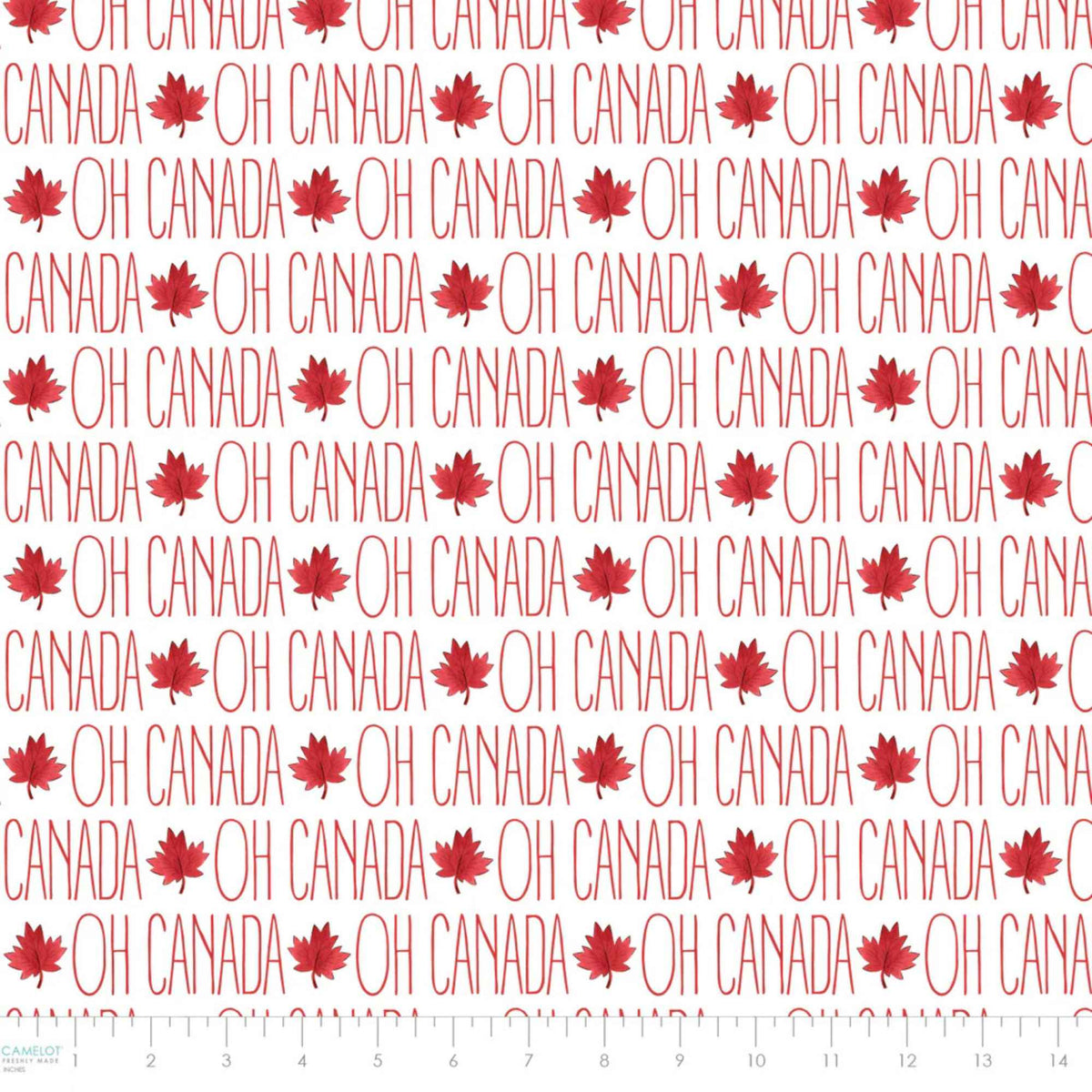 "Oh Canada text print cotton fabric with red maple leaves on white background"