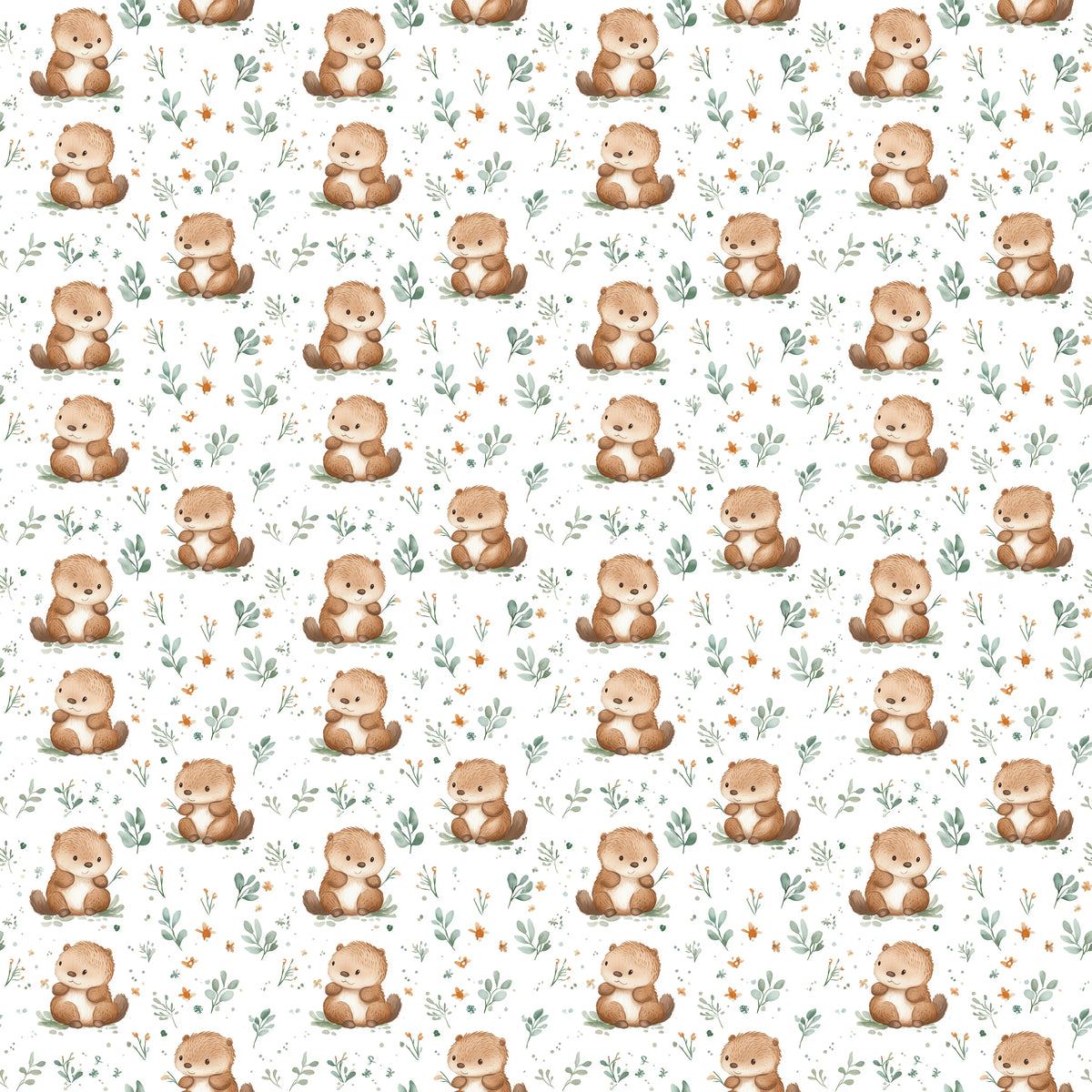 Woodland hedgehog waterproof PUL fabric with soft brown hedgehogs and green leaves on a neutral background