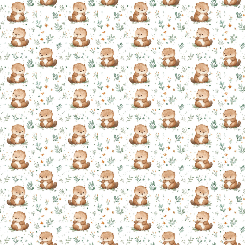 Woodland hedgehog waterproof PUL fabric with soft brown hedgehogs and green leaves on a neutral background