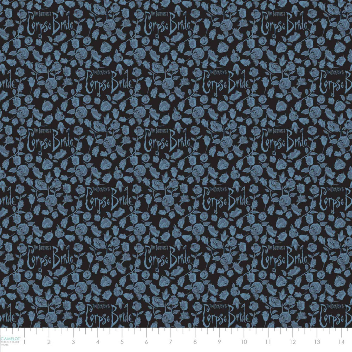 Blue Corpse Bride cotton fabric featuring roses and gothic title motifs in a repeating allover pattern.