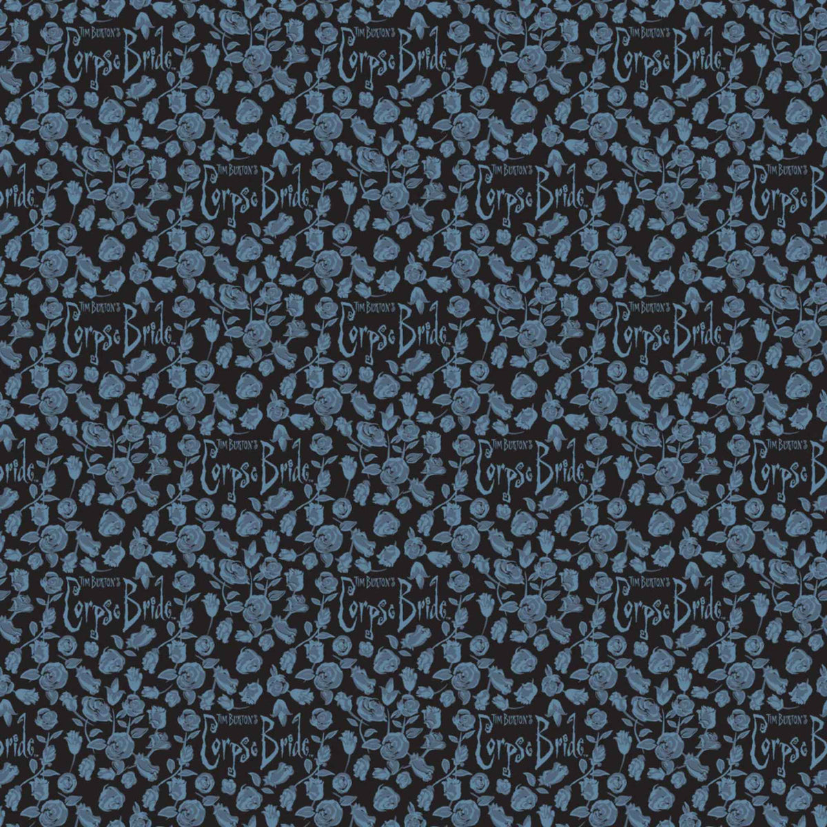 Blue Corpse Bride cotton fabric featuring roses and gothic title motifs in a repeating allover pattern.