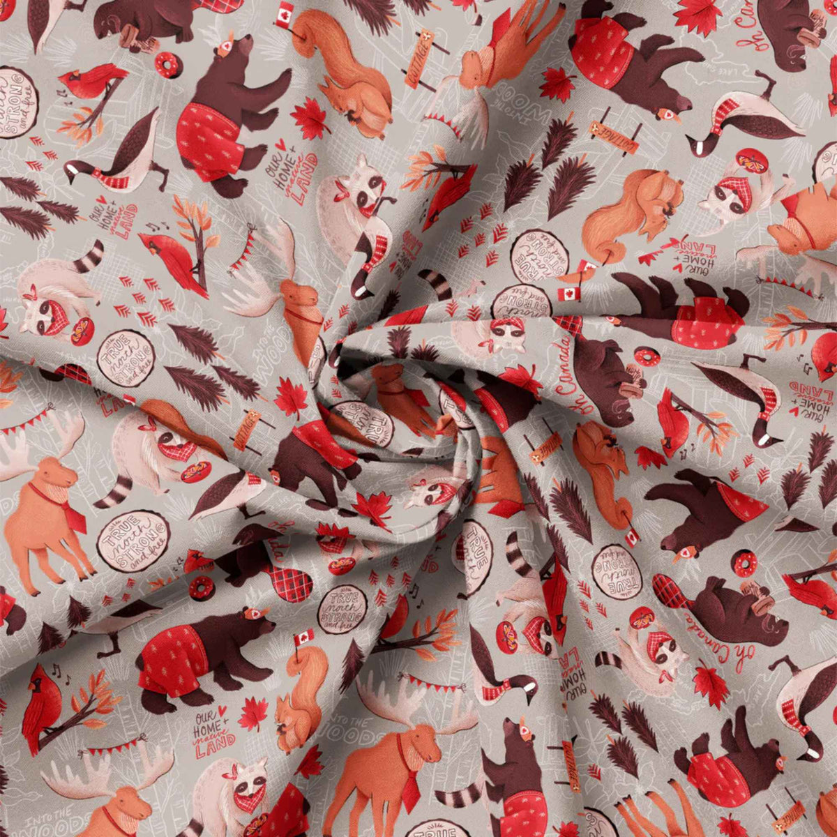 "Canadian wildlife cotton fabric on grey with bears, raccoons, moose, geese, squirrels and maple leaves by Camelot Fabrics"