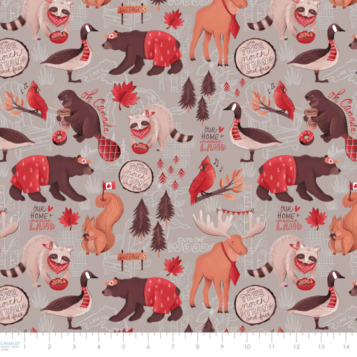 "Canadian wildlife cotton fabric on grey with bears, raccoons, moose, geese, squirrels and maple leaves by Camelot Fabrics"