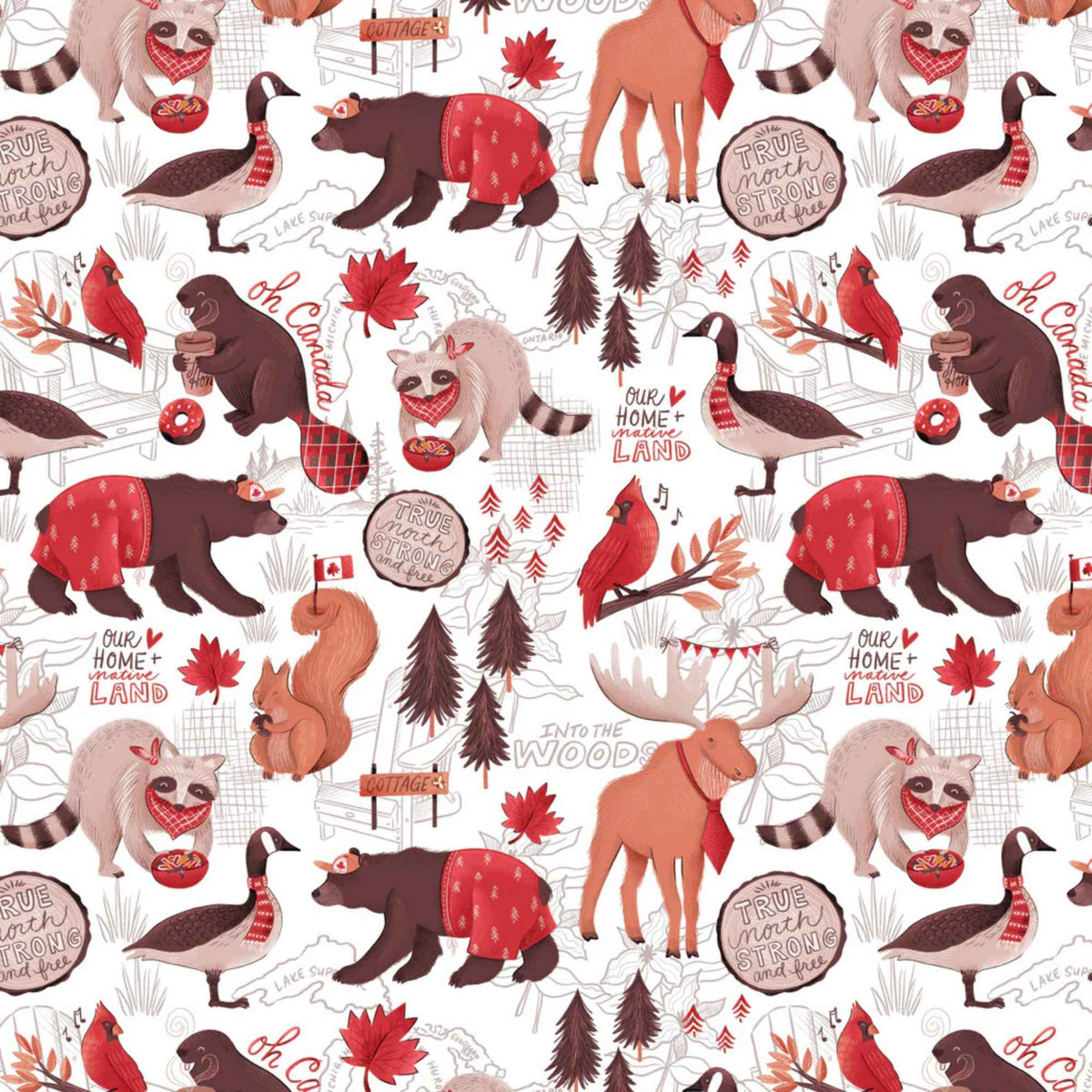 "True North Canadian wildlife cotton fabric with bears, raccoons, moose, geese, squirrels and maple leaves on white background"