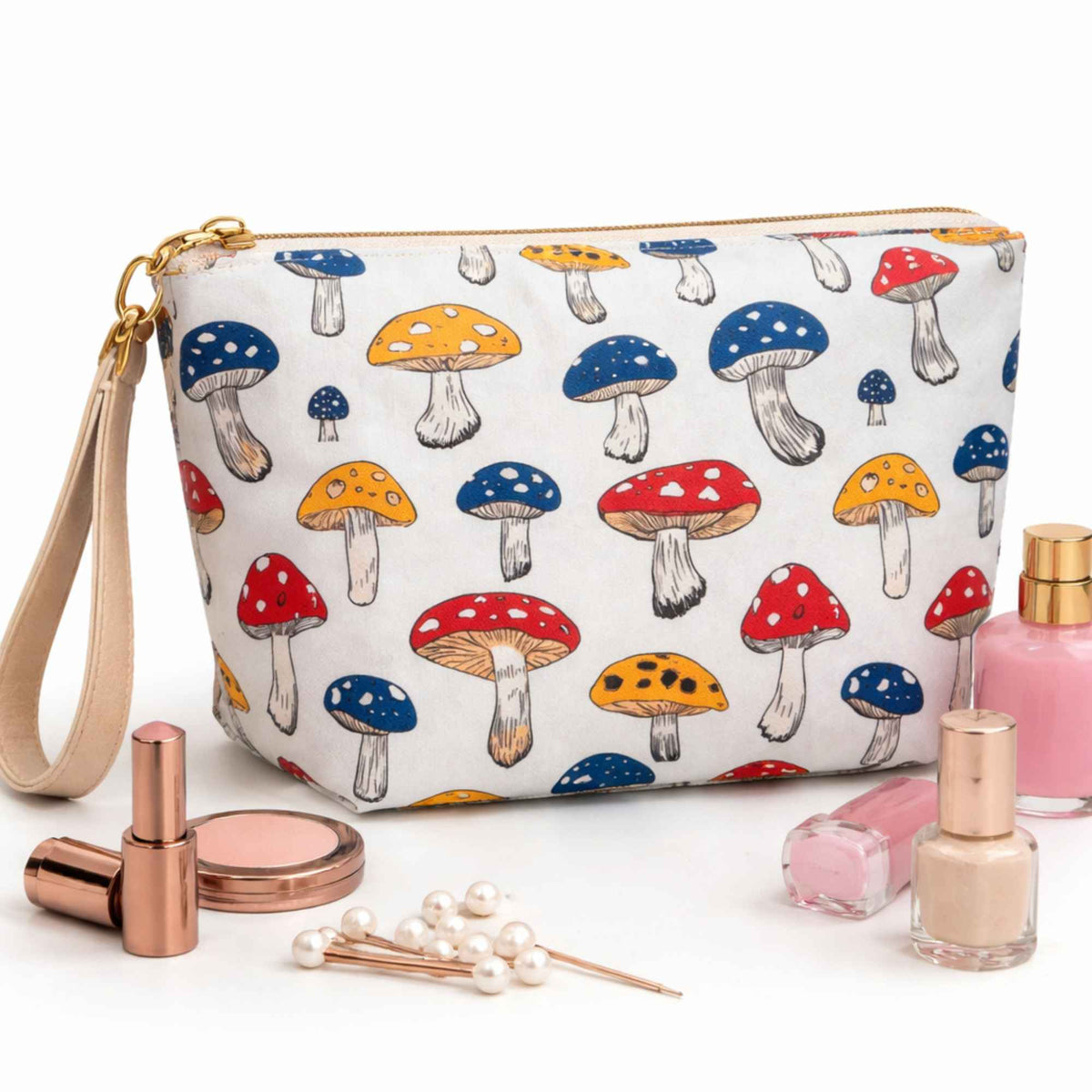 Makeup bag made with mushroom PUL fabric.
