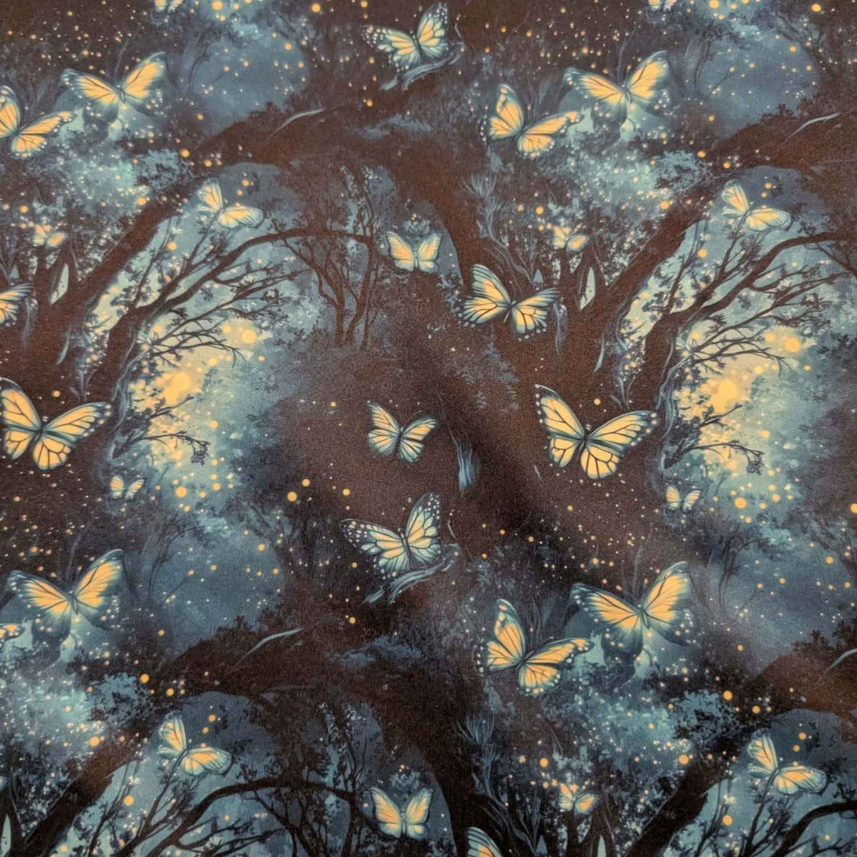 Enchanted Butterfly Forest exclusive waterproof PUL fabric with glowing butterflies and fireflies among dark teal woodland trees