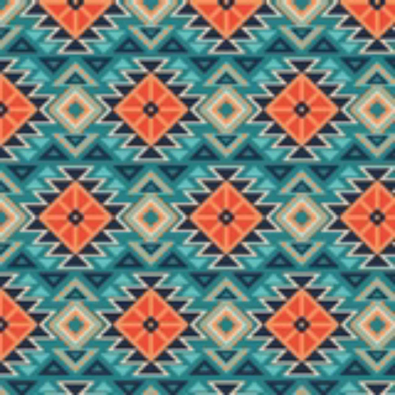 To the Mountains fleece fabric by Camelot, with teal and orange diamonds, navy triangles and cream zigzag detail.