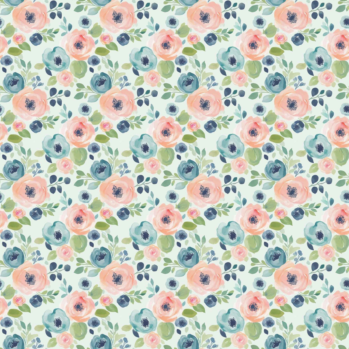 Blush and Blue Watercolour Blooms exclusive waterproof PUL fabric with pink and blue flowers and green leaves on teal