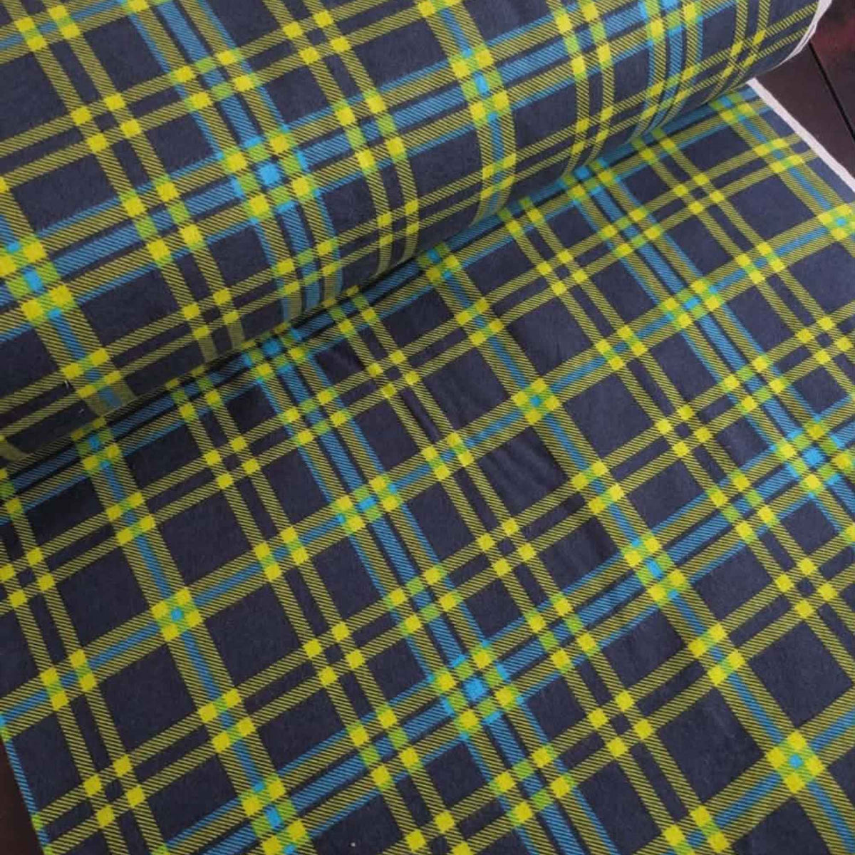 Lime green and navy plaid cotton flannel fabric, 100% cotton, 44-inch wide quilting flannel