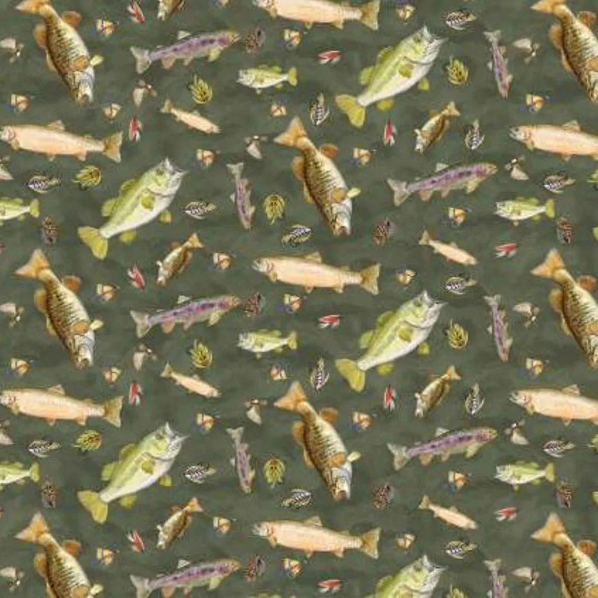Fishful Thinking fabric bundle by Camelot Fabrics and Brett Blumenthal featuring 11 coordinating quilting cotton prints with fish, fishing lures, tackle, stripes, and rustic outdoor patterns in navy blue, green, cream, and natural tones