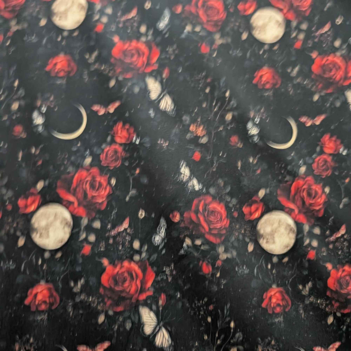 Moonlit Crimson Rose Garden exclusive waterproof PUL fabric with red roses, butterflies, full moons and crescent moons on black