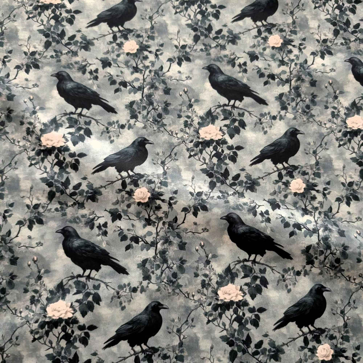 Ravens and Roses in the Mist exclusive waterproof PUL fabric with black ravens, pale roses and branches on a smoky grey background