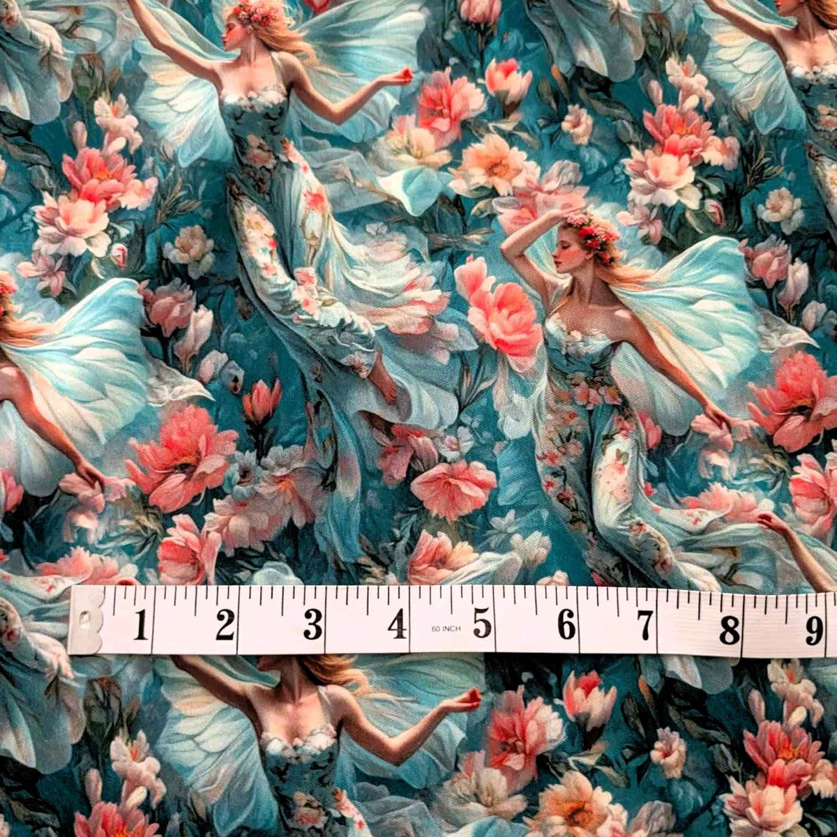 Enchanted Fairies in Bloom exclusive waterproof PUL fabric with winged fairies, aqua dresses and pink flowers on teal