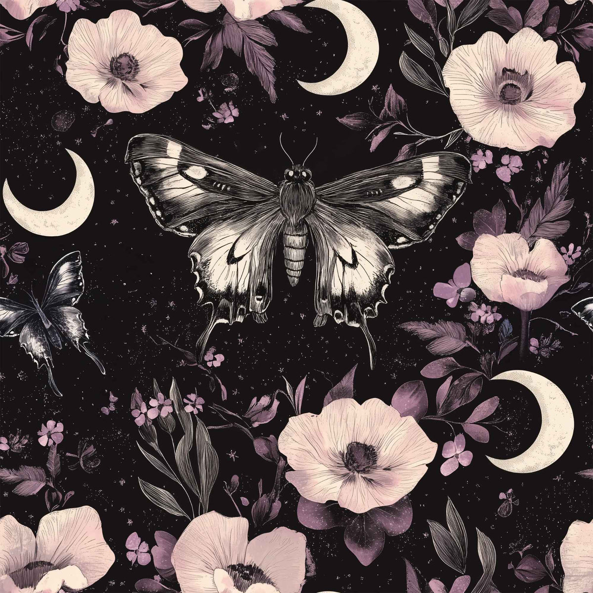 Lunar Moths and Blush Blooms exclusive waterproof PUL fabric with illustrated moths, crescent moons and pink flowers on black