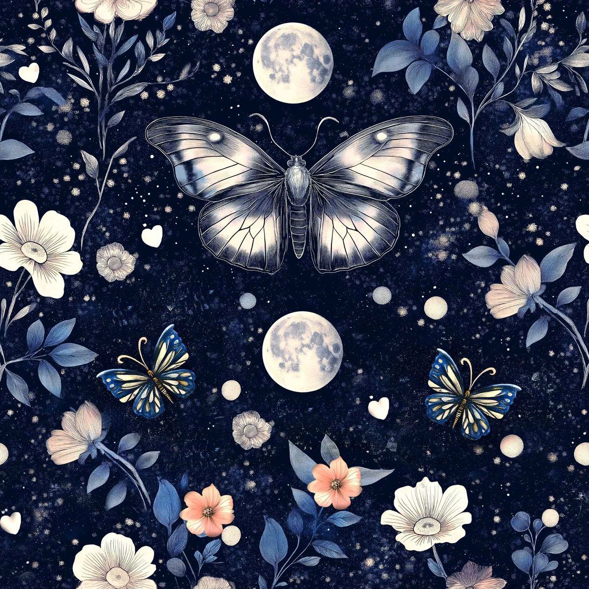Celestial Moth and Butterfly Garden exclusive waterproof PUL fabric with full moons, blue butterflies and flowers on midnight blue