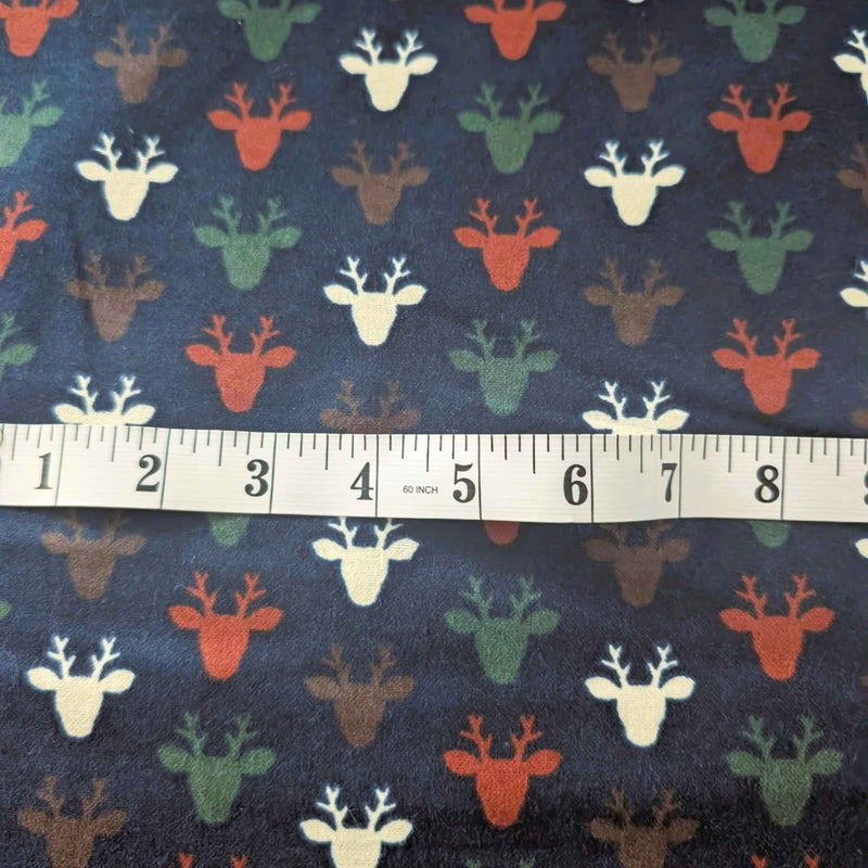 Multi-Colored Deer Heads on Navy Flannel
