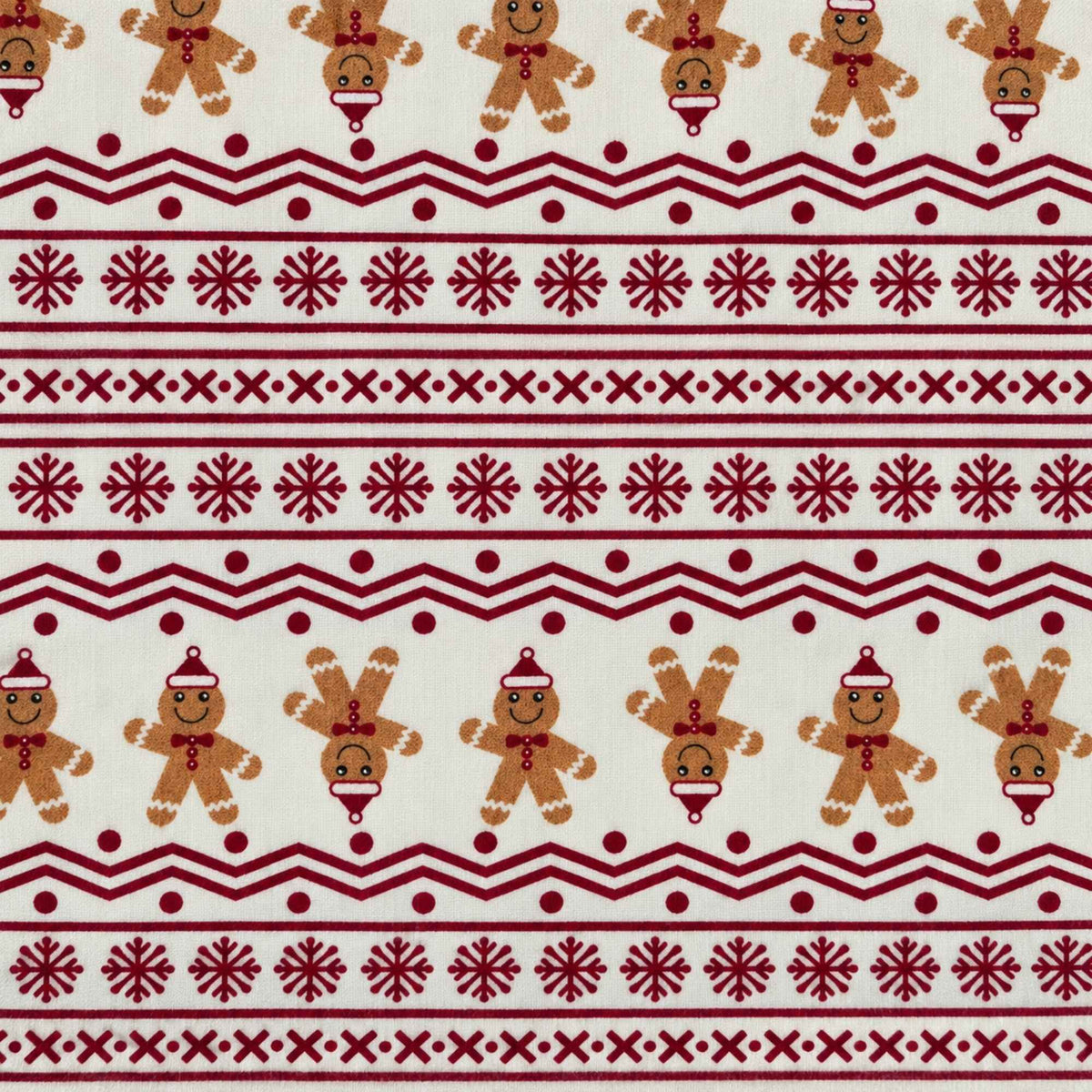 Cream cotton flannel with brown gingerbread figures and burgundy rows of snowflakes, zigzags, dots and geometric stripes.