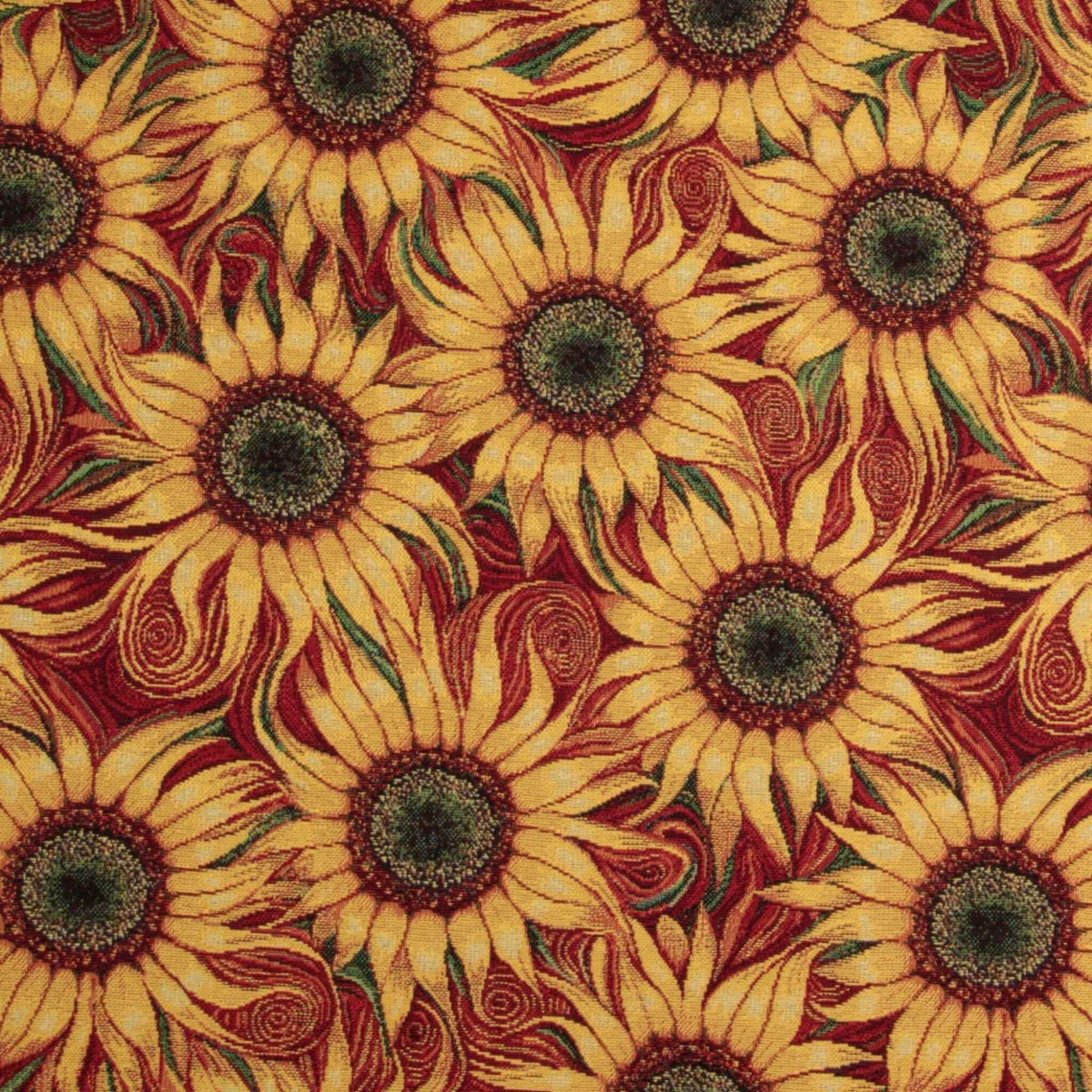 Sunflower Gobelin tapestry fabric with golden yellow petals, green accents and swirling details on a deep red background.