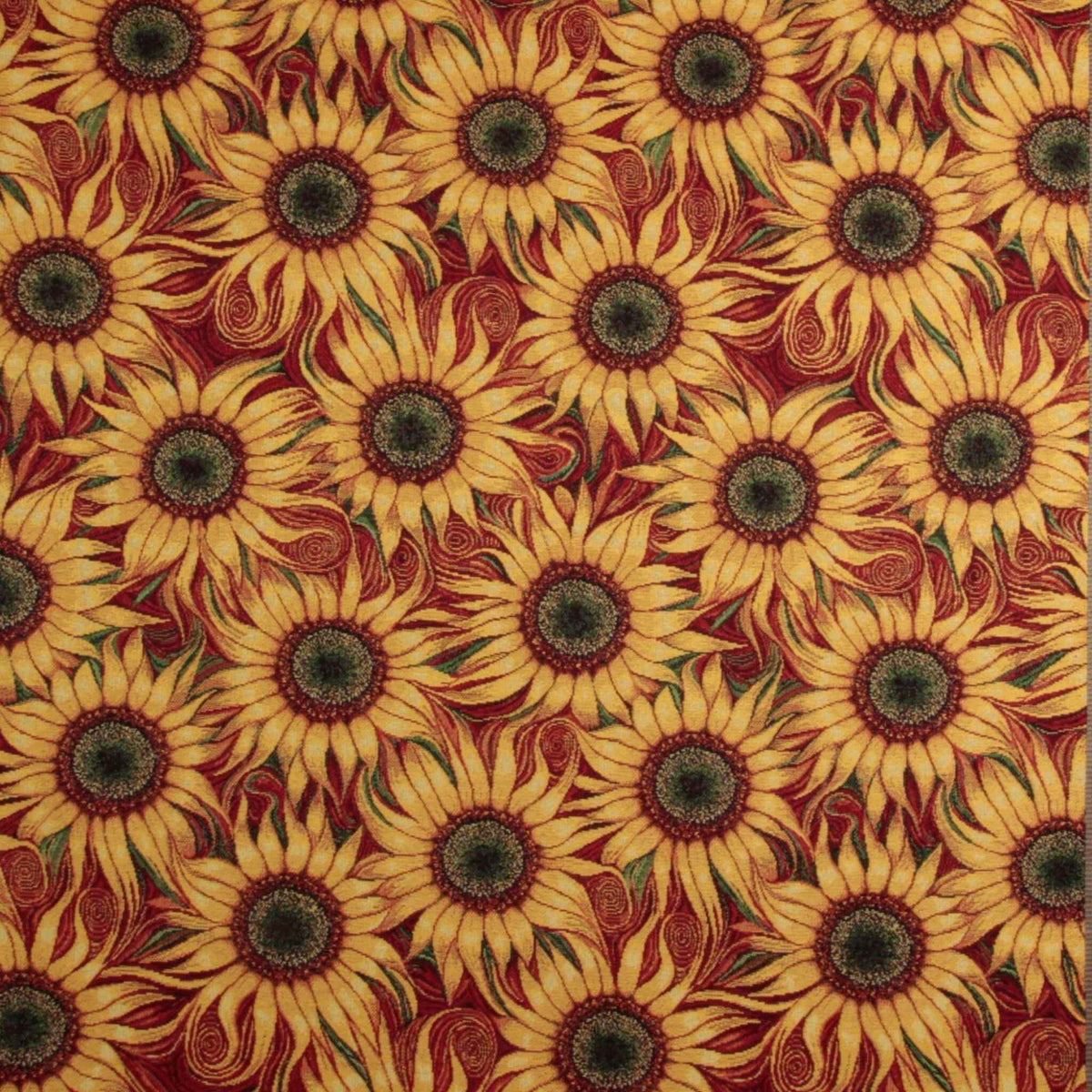 Sunflower Gobelin tapestry fabric with golden yellow petals, green accents and swirling details on a deep red background.