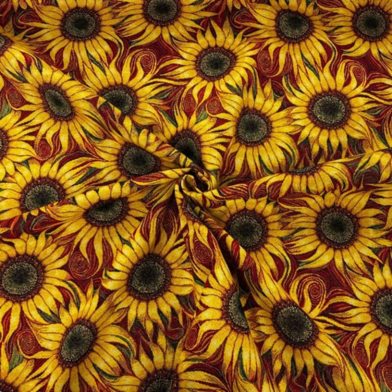 Sunflower Gobelin tapestry fabric with golden yellow petals, green accents and swirling details on a deep red background.
