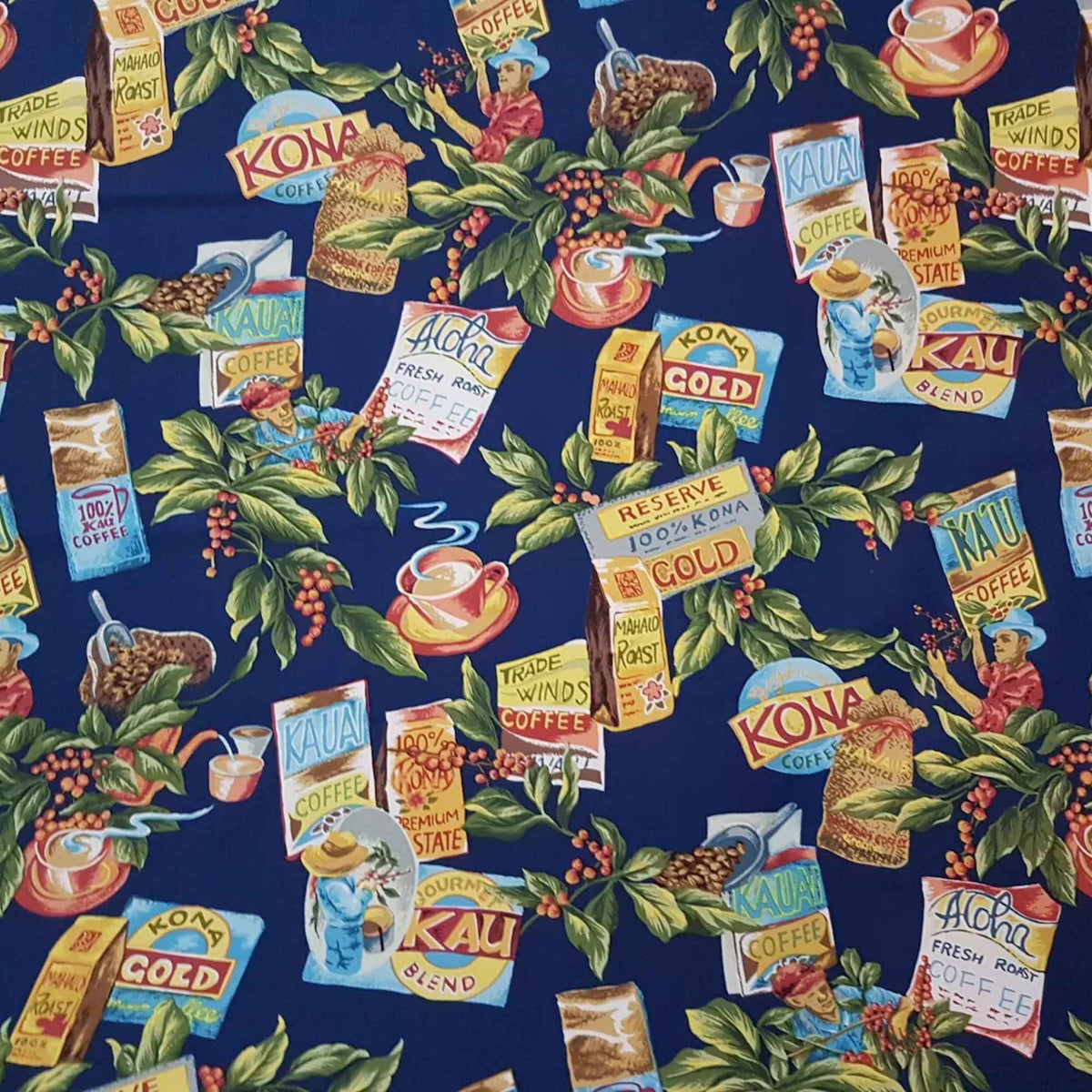 Kauai Kona Coffee Hawaiian cotton fabric featuring vintage coffee labels, coffee beans, tropical leaves and coffee cups on navy blue background