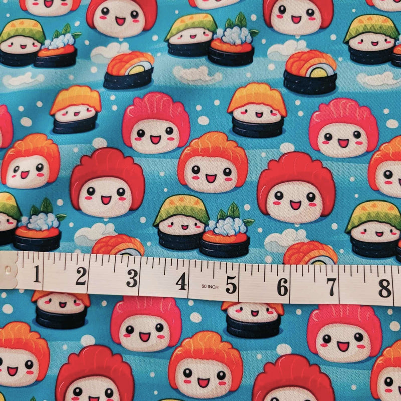Kawaii Happy Sushi exclusive waterproof PUL fabric with smiling colourful sushi characters and white clouds on an aqua-blue background