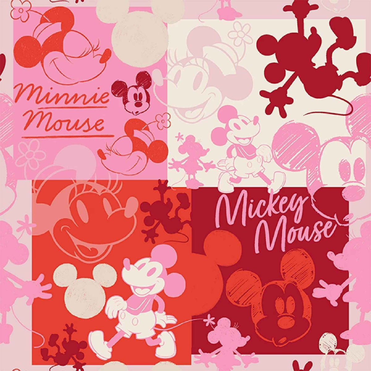 Mickey and Minnie Mouse collage cotton fabric in pink red and cream by Springs Creative CP80470