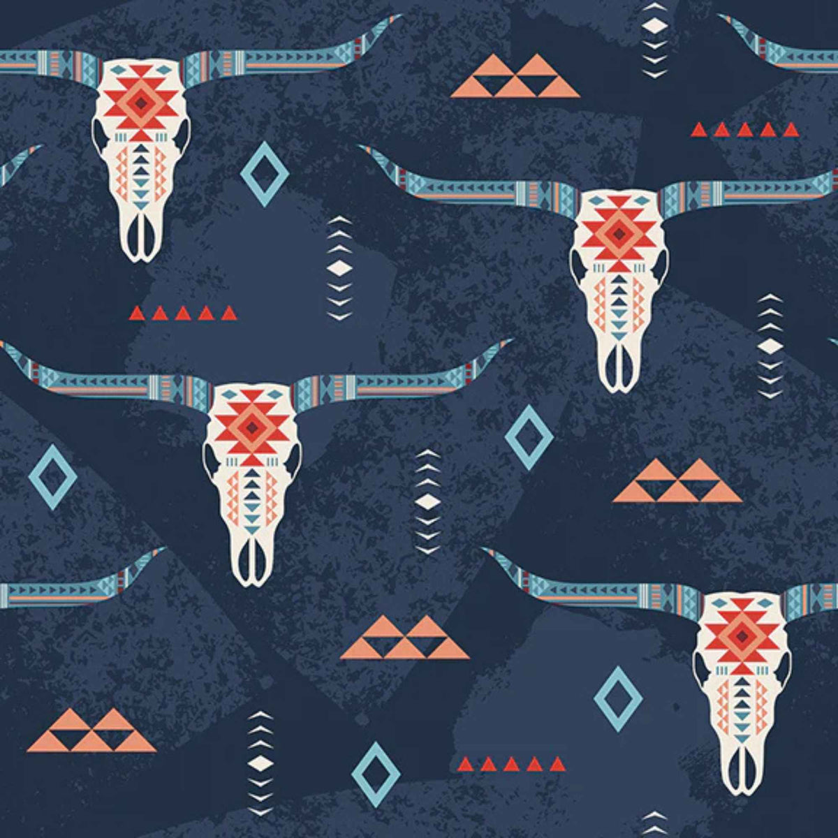 “Navy cotton fabric featuring stylized longhorn skulls with tribal geometric accents and Southwestern motifs.”