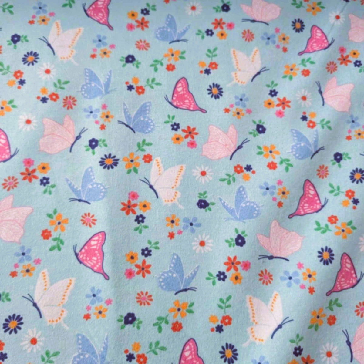 Butterflies & Flowers on Blue Cotton Flannel – Brushed Soft Oeko - Tex Standard 100