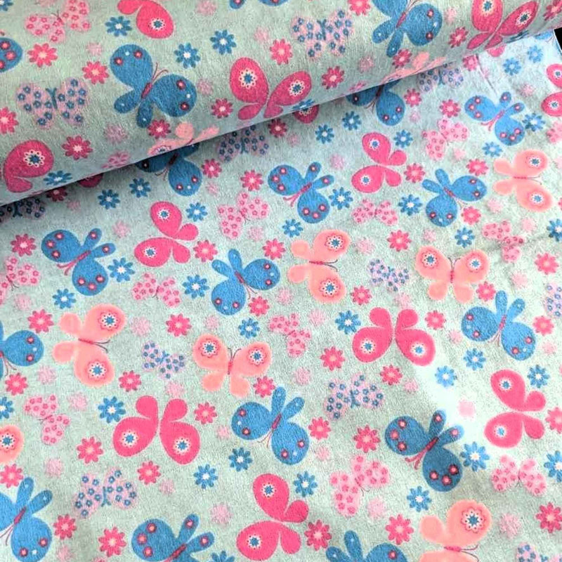 Butterfly Flannel Fabric – Pink & Blue on Soft Cotton, Quilting Weight