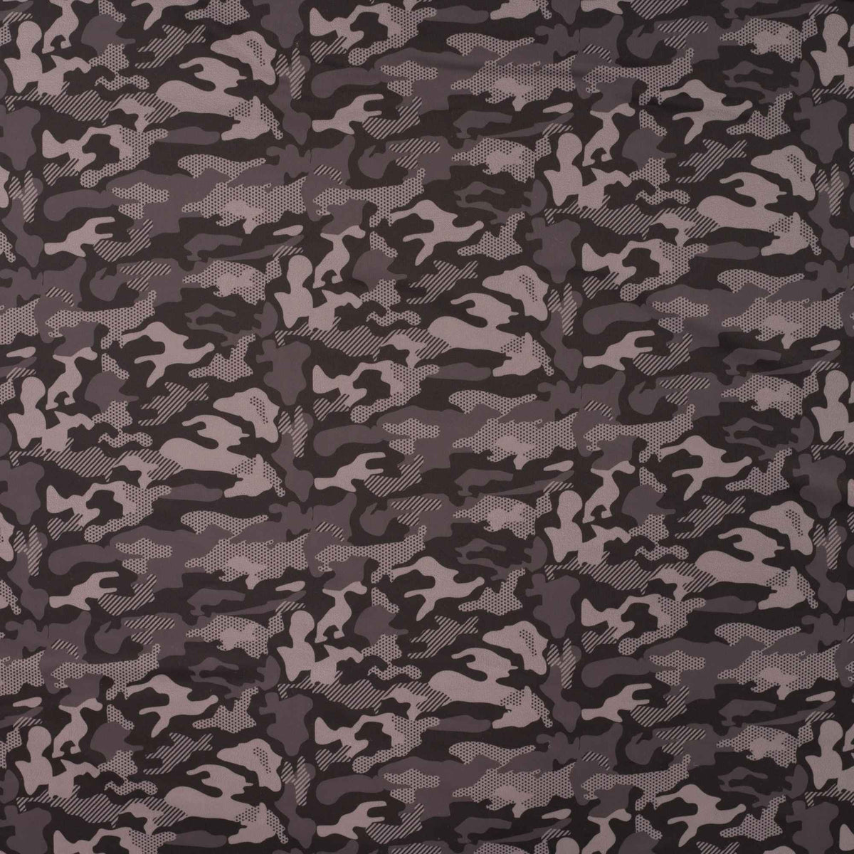 Black and grey camouflage print jersey fabric for sportswear and swimwear – stretchy, breathable, and performance-ready