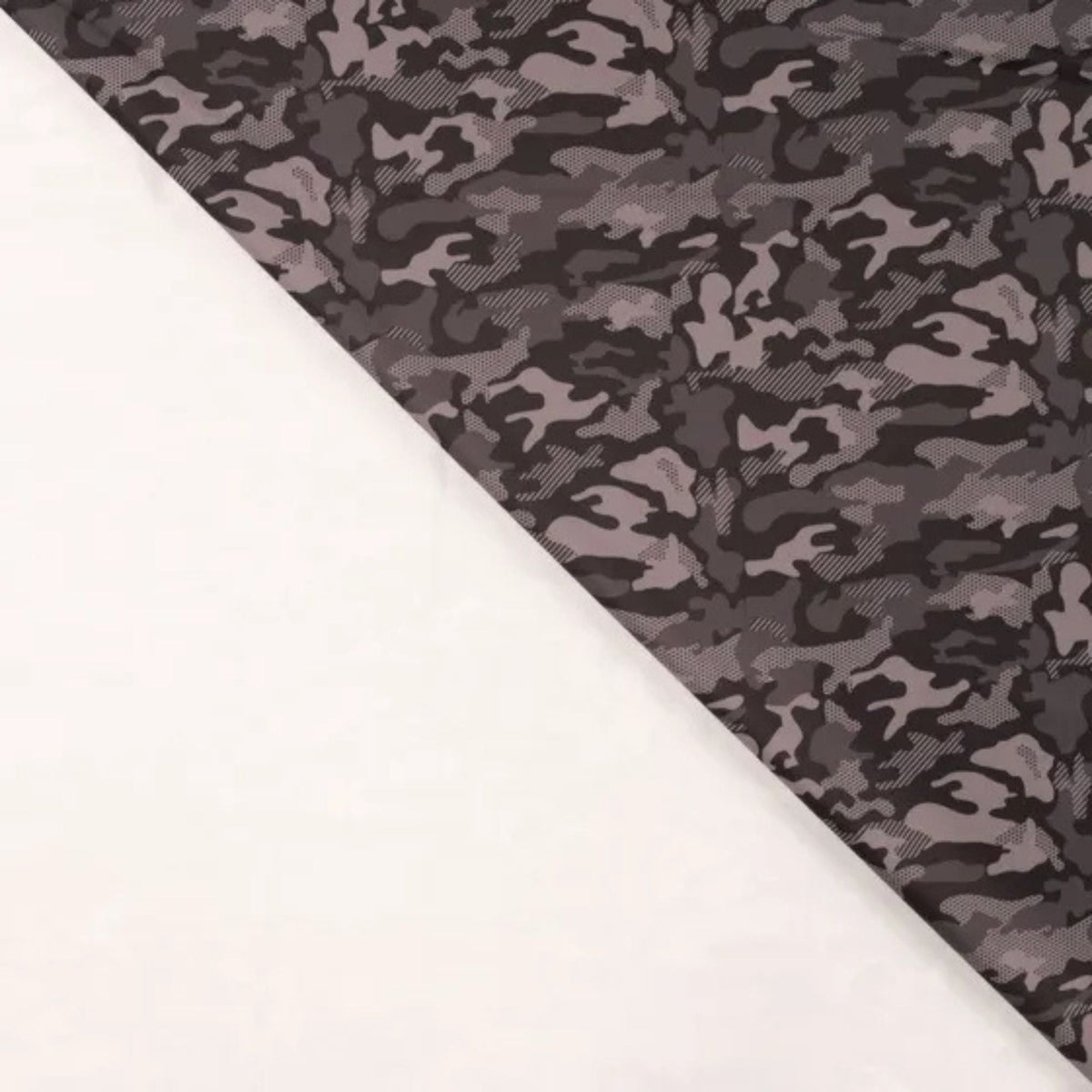 Black and grey camouflage print jersey fabric for sportswear and swimwear – stretchy, breathable, and performance-ready