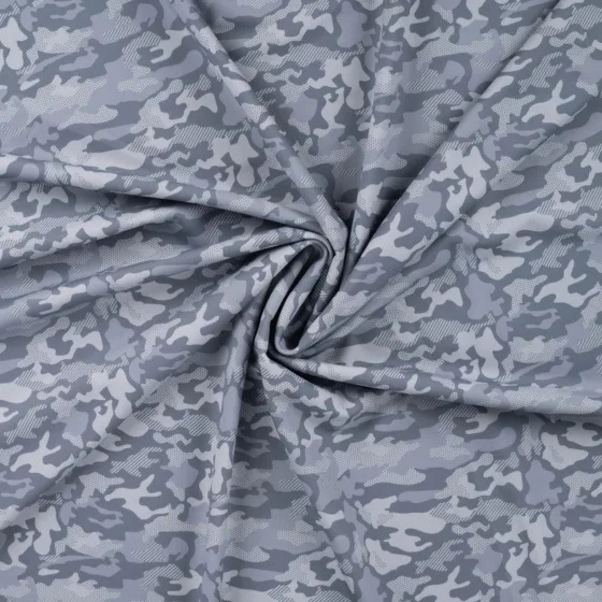 Camouflage denim blue stretch jersey fabric for sportswear and swimwear – lightweight, breathable.
