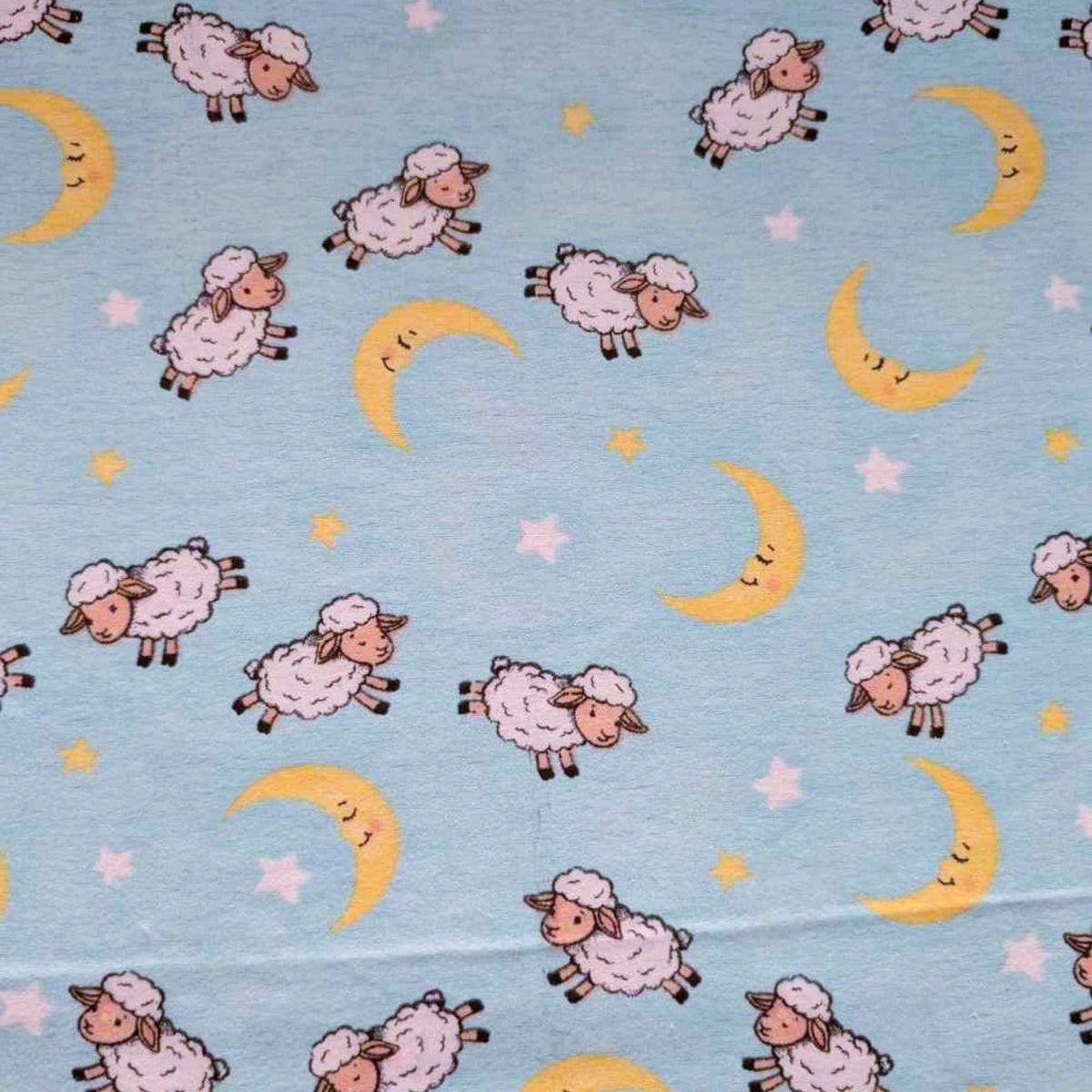 Counting Sheep Cotton Flannel – Moon & Stars Print on Light Blue – Baby Nursery Fabric