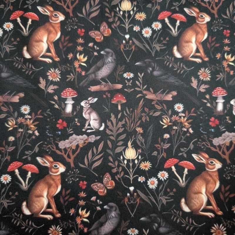 Dark forest PUL fabric with woodland animals, mushrooms, and florals – waterproof and durable material ideal for reusable bags, diapers, and outdoor gear