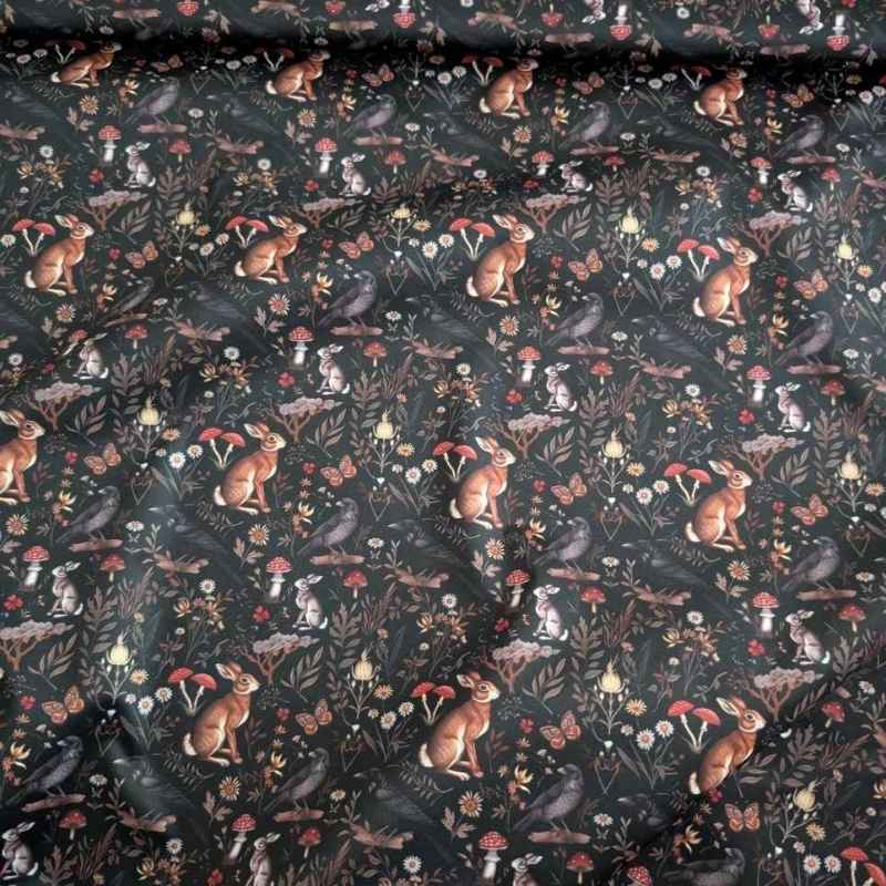 Dark forest PUL fabric with woodland animals, mushrooms, and florals – waterproof and durable material ideal for reusable bags, diapers, and outdoor gear
