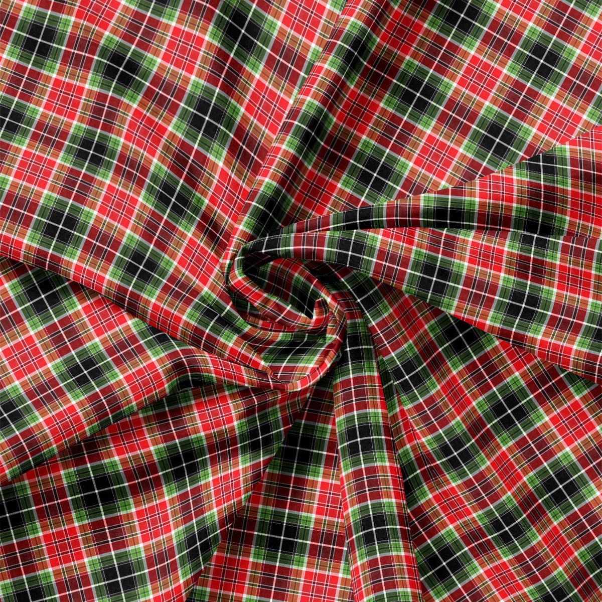 Detail view of Joy to the World Classic Christmas Plaid quilting cotton showing print scale and drape.