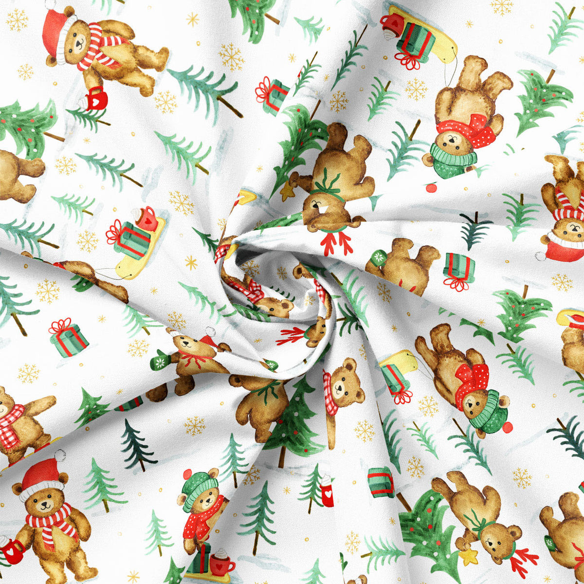Close-up of the holiday teddy bear print on fabric, showing drape and scale
