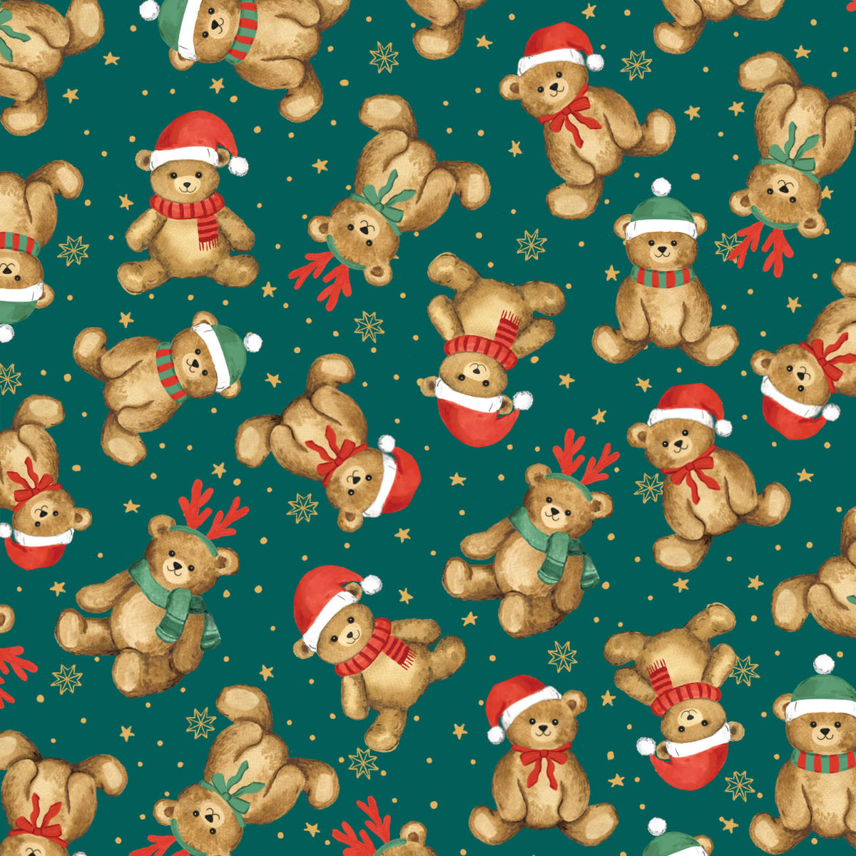 Tossed holiday teddy bears with Santa hats and scarves on deep green background